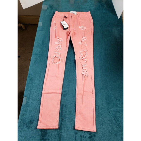 Soho Babe Jeans Sz 5 Womens Pink Mid Rise Skinny Distressed Stretch Ladies NWT - Picture 2 of 12